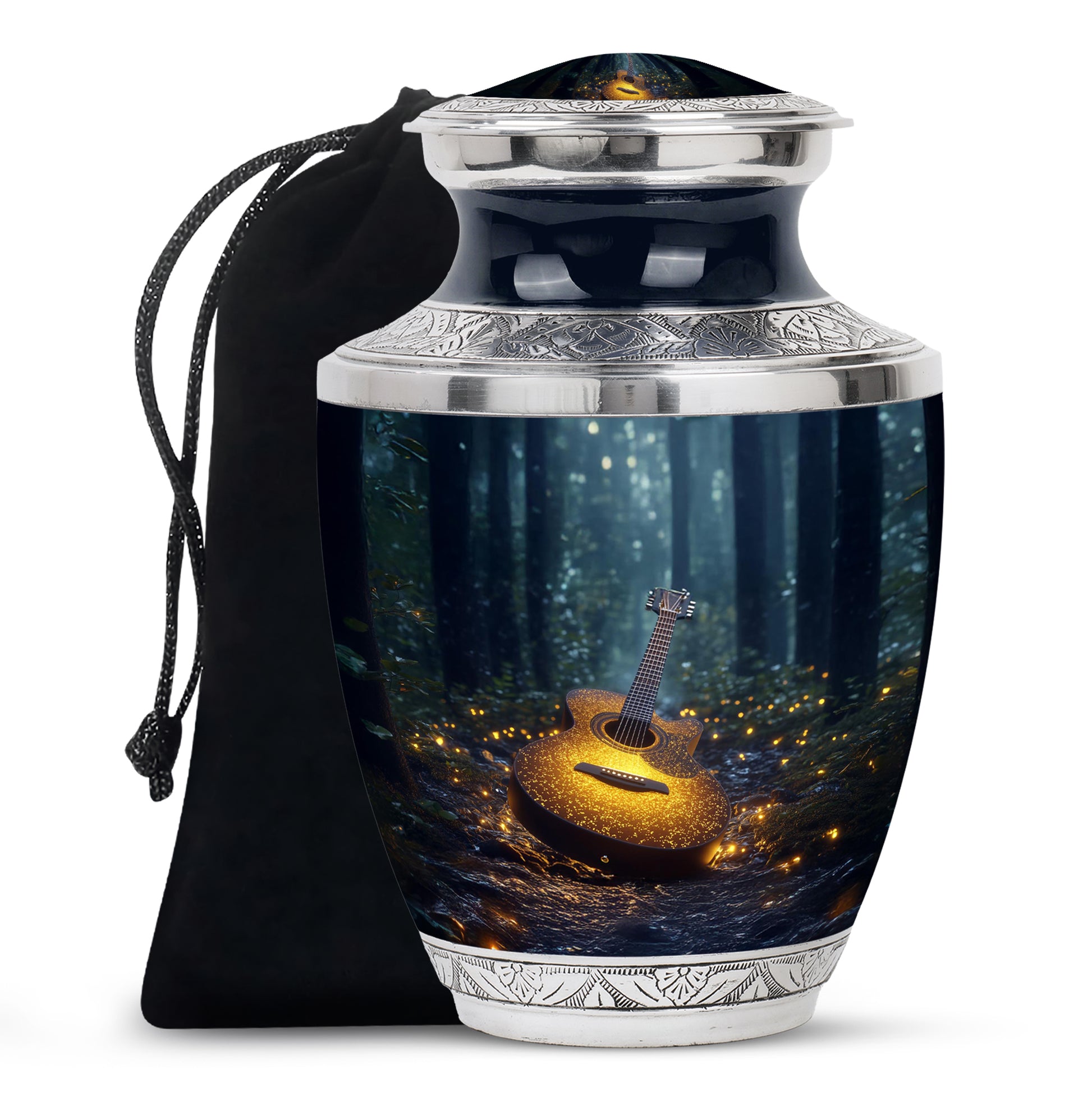 Soft Blue Guitar Cremation Urn side profile showing urn shape - artistic guitar interpretation with creative detail - full-size 10 inch 200 cubic inch adult cremation urn