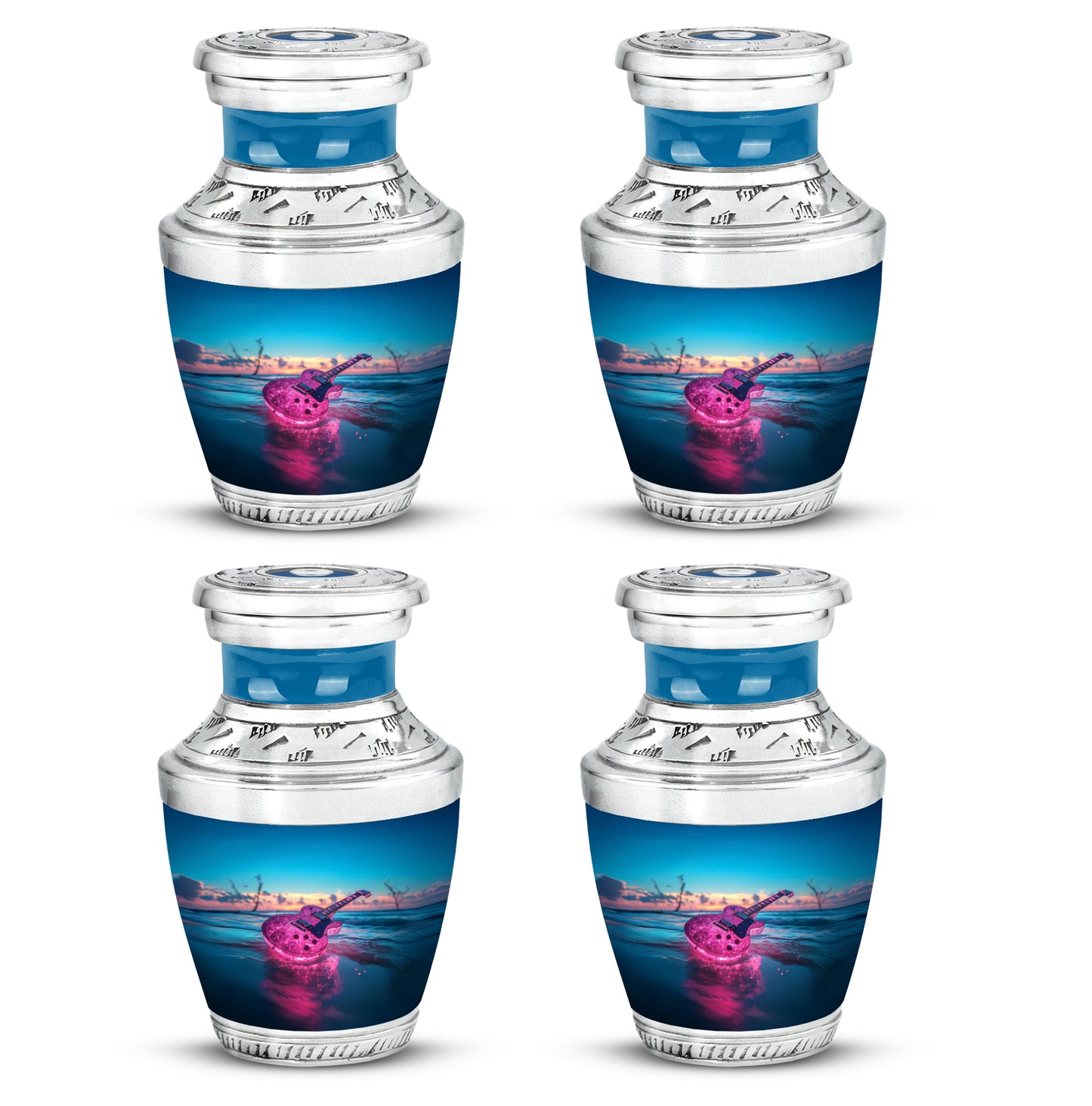 Vivid Teal Guitar Cremation Urn back view with polished surface - stylized abstract guitar pattern with bold lines - 10 inch aluminum urn for cremated remains