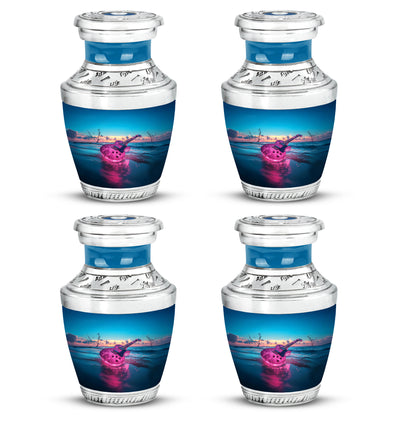 Vivid Teal Guitar Cremation Urn back view with polished surface - stylized abstract guitar pattern with bold lines - 10 inch aluminum urn for cremated remains