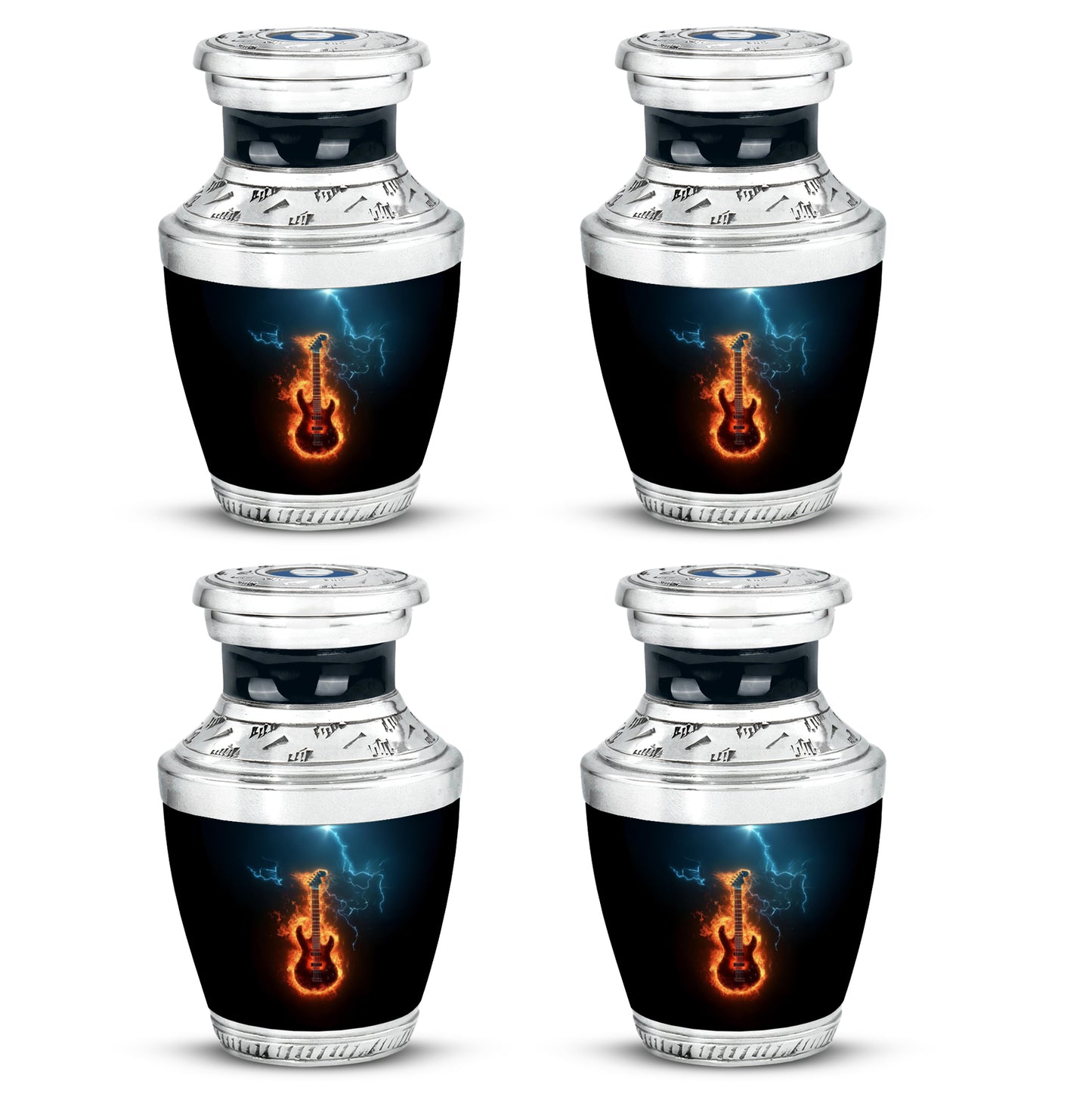 Obsidian Black Guitar Cremation Urn back view with polished surface - stylized abstract guitar pattern with bold lines - 10 inch aluminum urn for cremated remains