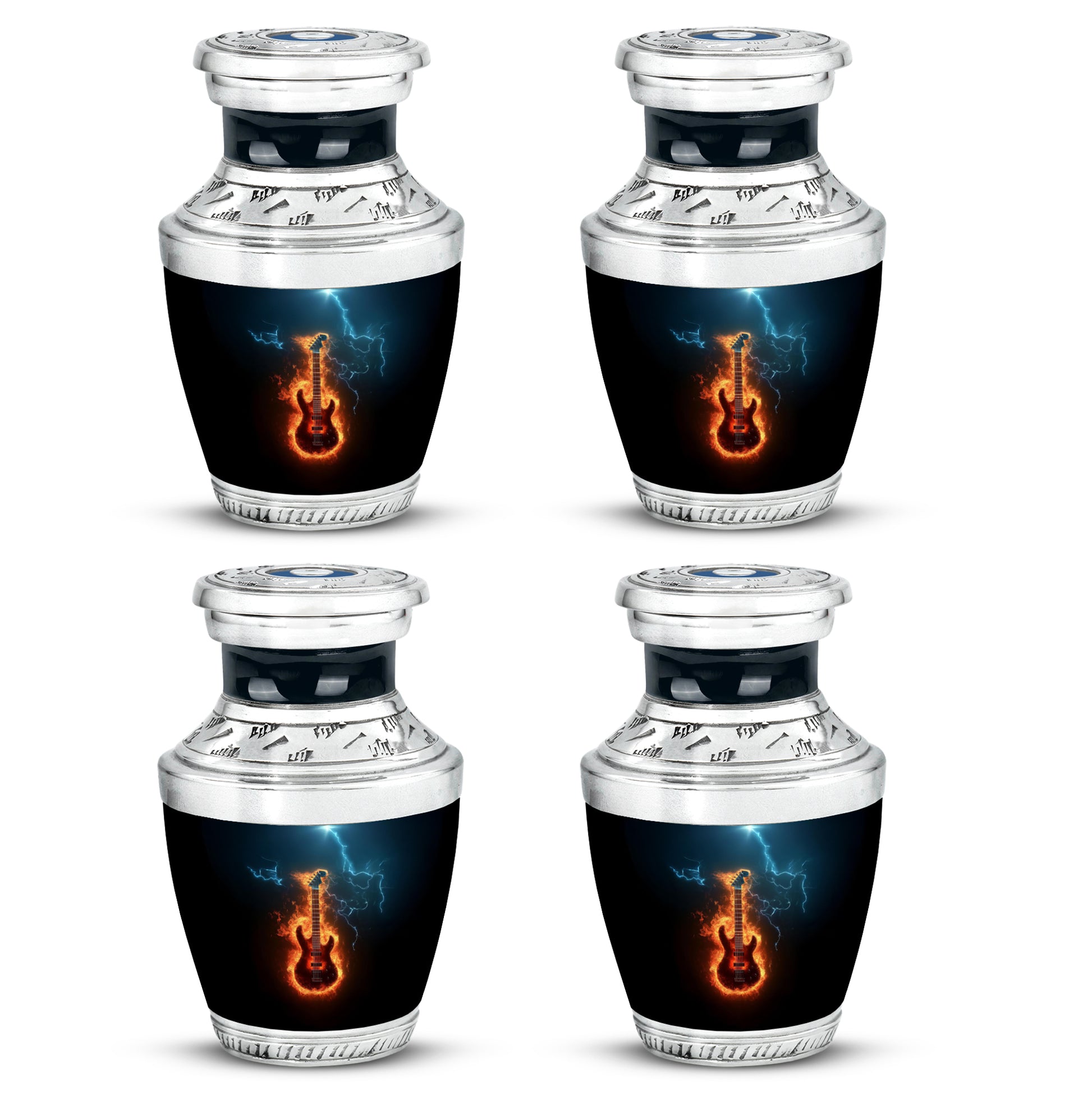 Obsidian Black Guitar Cremation Urn back view with polished surface - stylized abstract guitar pattern with bold lines - 10 inch aluminum urn for cremated remains