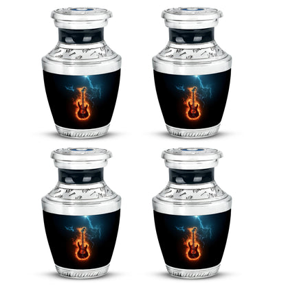 Obsidian Black Guitar Cremation Urn back view with polished surface - stylized abstract guitar pattern with bold lines - 10 inch aluminum urn for cremated remains