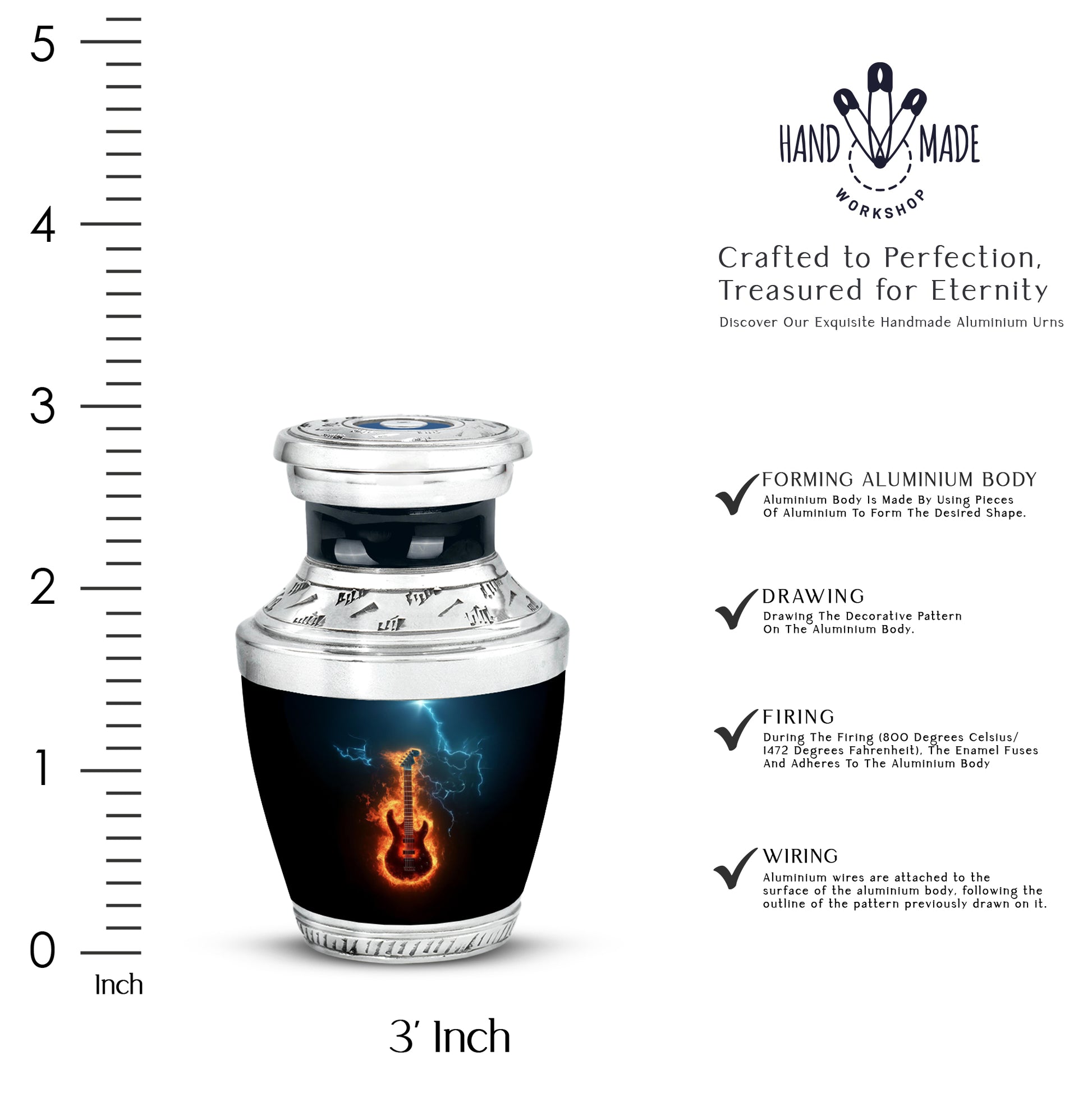 Obsidian Black Guitar Cremation Urn top-down view of secure threaded lid - artistic guitar interpretation with creative detail - mini keepsake memorial for portion of cremation ashes