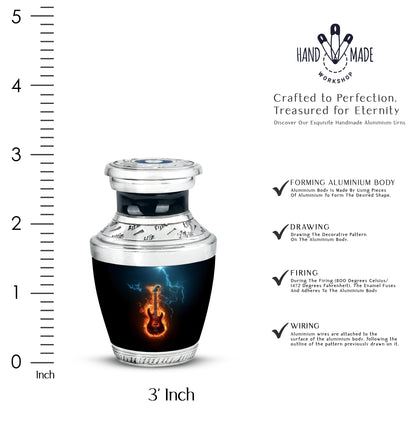 Obsidian Black Guitar Cremation Urn top-down view of secure threaded lid - artistic guitar interpretation with creative detail - mini keepsake memorial for portion of cremation ashes