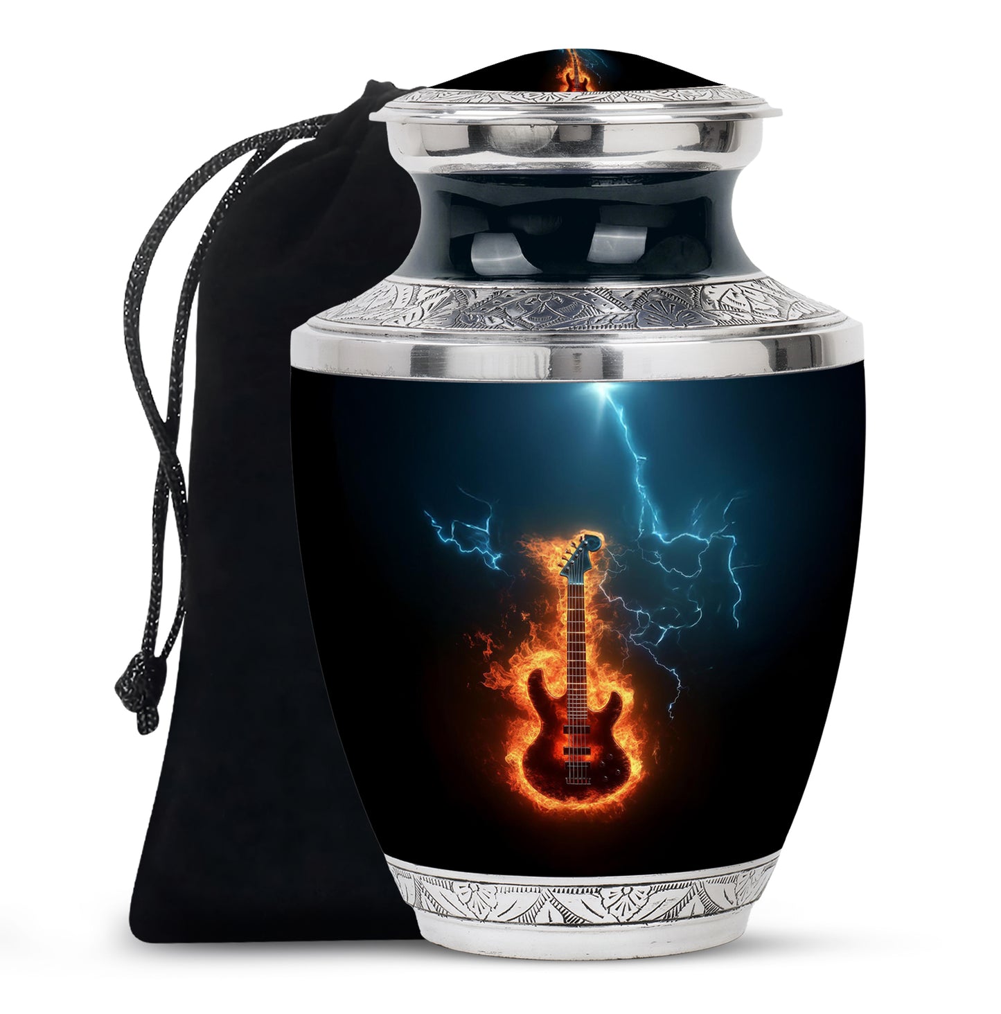 Charcoal Black Guitar Cremation Urn side profile showing urn shape - artistic guitar interpretation with creative detail - full-size 10 inch 200 cubic inch adult cremation urn