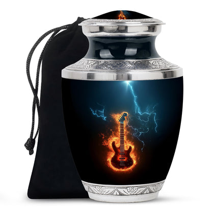 Charcoal Black Guitar Cremation Urn side profile showing urn shape - artistic guitar interpretation with creative detail - full-size 10 inch 200 cubic inch adult cremation urn