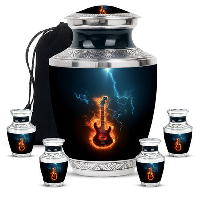 Rich Black Guitar Cremation Urn lifestyle display on memorial shelf - contemporary guitar design with modern artistic flair - memorial set with one large and four small urns