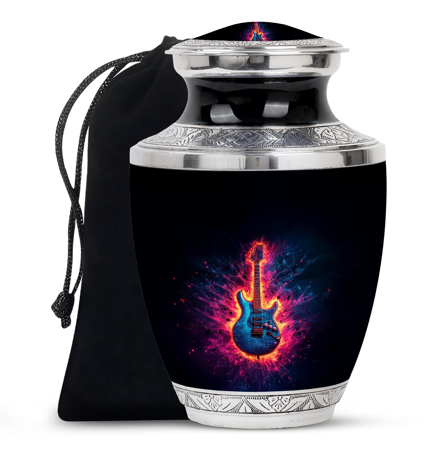 Jet Black Guitar Cremation Urn side profile showing urn shape - contemporary guitar design with modern artistic flair - full-size 10 inch 200 cubic inch adult cremation urn