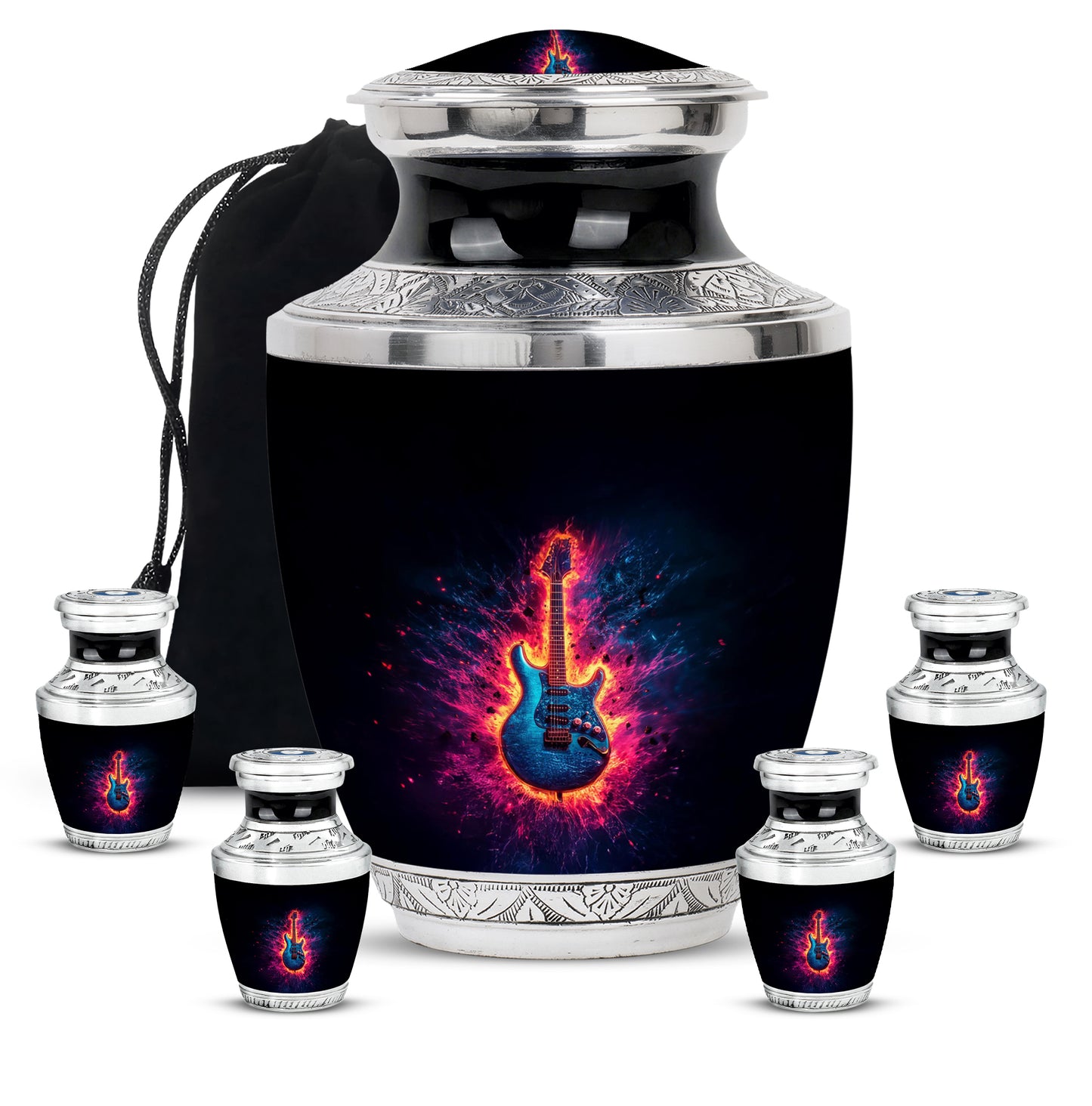 Onyx Black Guitar Cremation Urn lifestyle display on memorial shelf - artistic guitar interpretation with creative detail - memorial set with one large and four small urns
