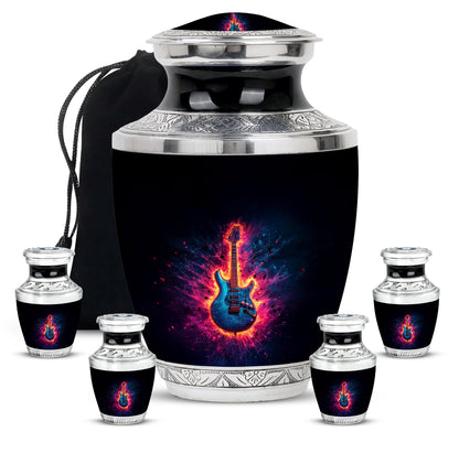 Onyx Black Guitar Cremation Urn lifestyle display on memorial shelf - artistic guitar interpretation with creative detail - memorial set with one large and four small urns