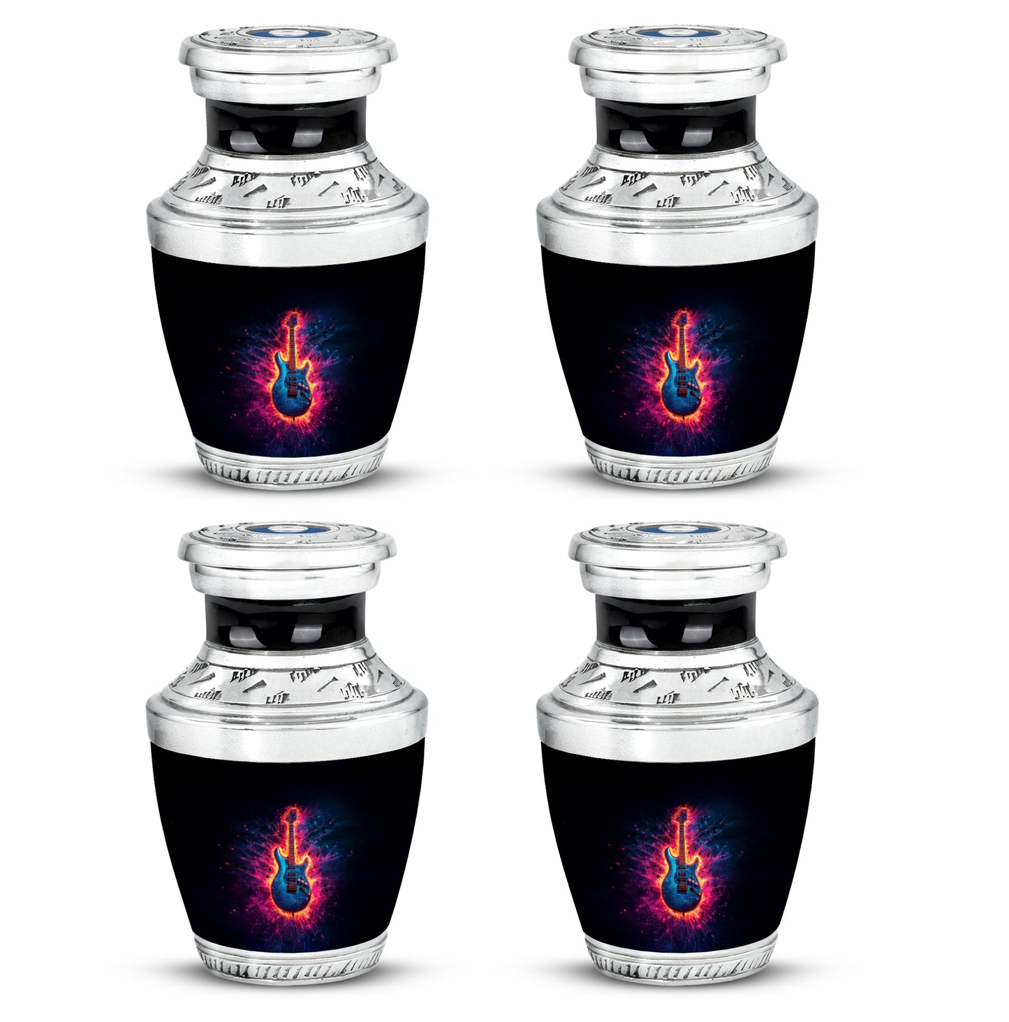 Obsidian Black Guitar Cremation Urn back view with polished surface - artistic guitar interpretation with creative detail - 10 inch aluminum urn for cremated remains