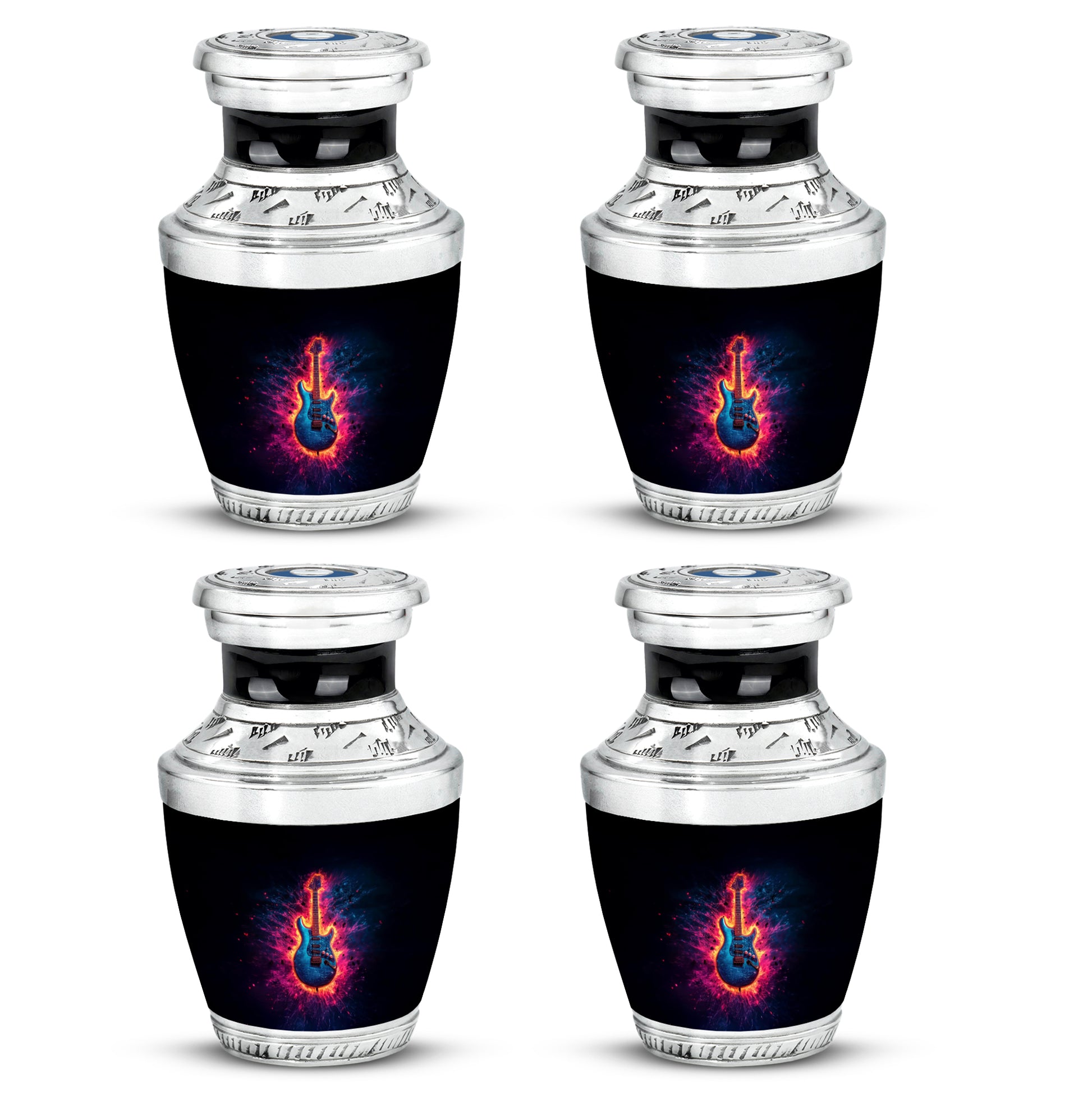 Obsidian Black Guitar Cremation Urn back view with polished surface - artistic guitar interpretation with creative detail - 10 inch aluminum urn for cremated remains