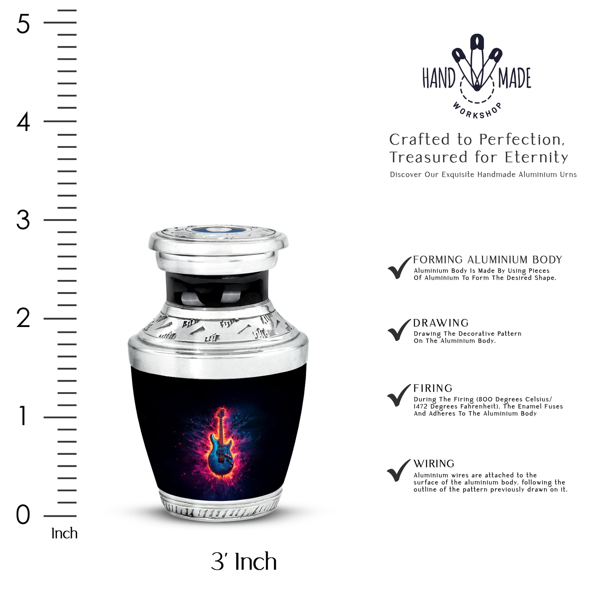 Obsidian Black Guitar Cremation Urn top-down view of secure threaded lid - stylized abstract guitar pattern with bold lines - mini keepsake memorial for portion of cremation ashes