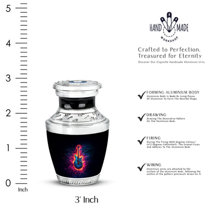 Obsidian Black Guitar Cremation Urn top-down view of secure threaded lid - stylized abstract guitar pattern with bold lines - mini keepsake memorial for portion of cremation ashes