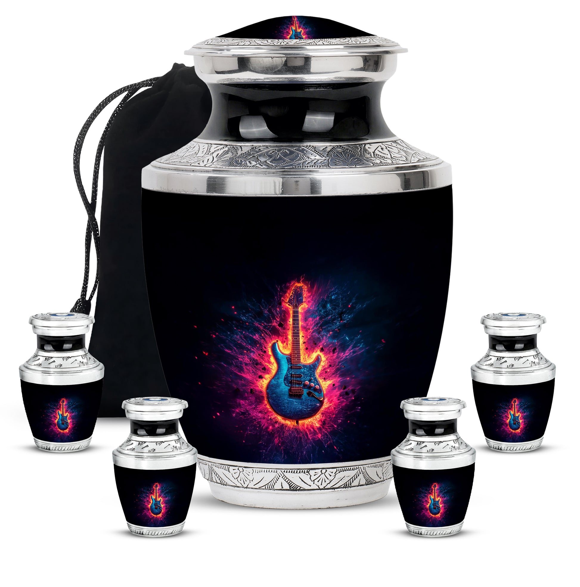 Onyx Black Guitar Cremation Urn lifestyle display on memorial shelf - artistic guitar interpretation with creative detail - memorial set with one large and four small urns