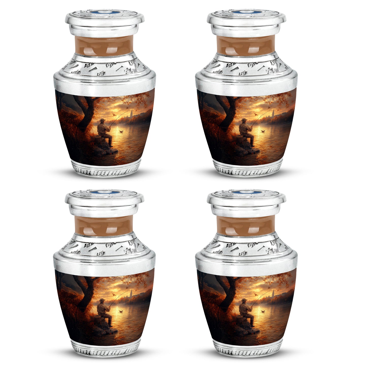 Royal Gold Fishing Cremation Urn back view with polished surface - artistic fishing interpretation with creative detail - 10 inch aluminum urn for cremated remains