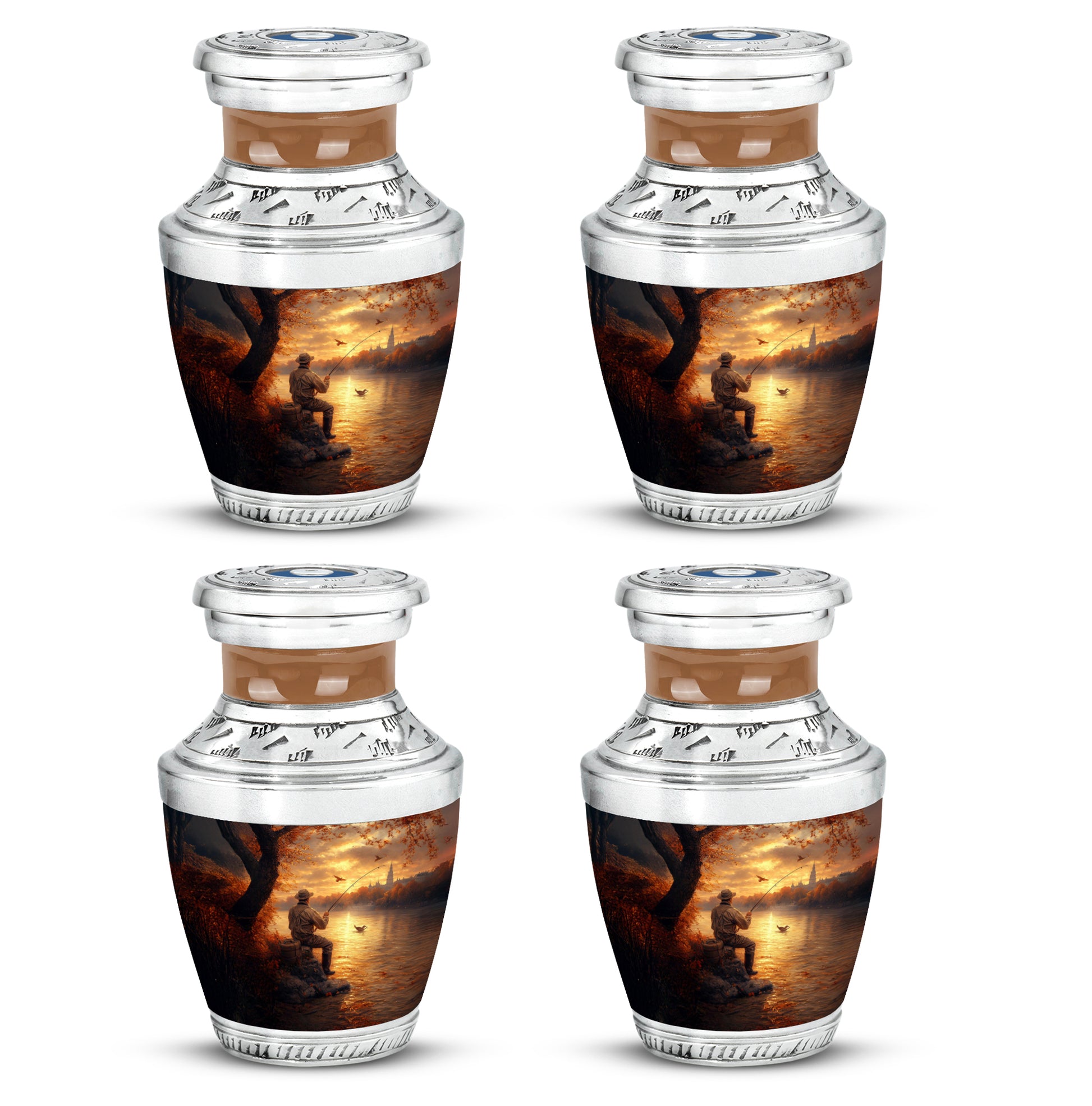 Royal Gold Fishing Cremation Urn back view with polished surface - artistic fishing interpretation with creative detail - 10 inch aluminum urn for cremated remains