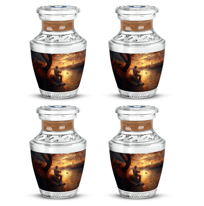 Royal Gold Fishing Cremation Urn back view with polished surface - artistic fishing interpretation with creative detail - 10 inch aluminum urn for cremated remains