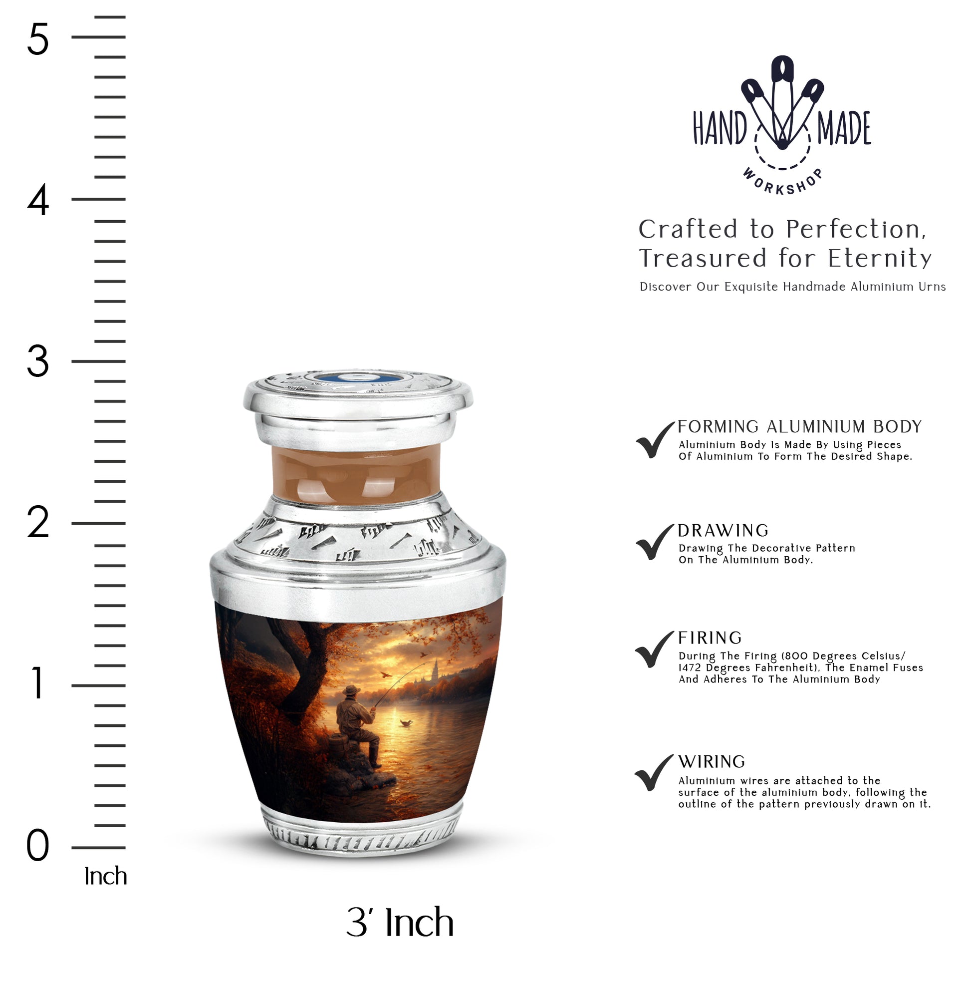 Royal Gold Fishing Cremation Urn top-down view of secure threaded lid - artistic fishing interpretation with creative detail - mini keepsake memorial for portion of cremation ashes