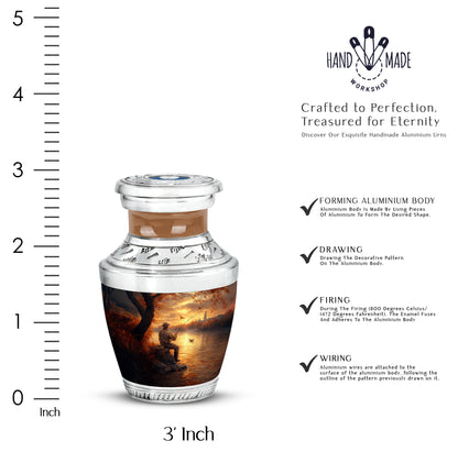 Royal Gold Fishing Cremation Urn top-down view of secure threaded lid - artistic fishing interpretation with creative detail - mini keepsake memorial for portion of cremation ashes