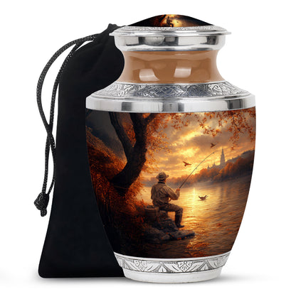 Antique Gold Fishing Cremation Urn side profile showing urn shape - modern art-inspired fishing motif on sleek aluminum - full-size 10 inch 200 cubic inch adult cremation urn
