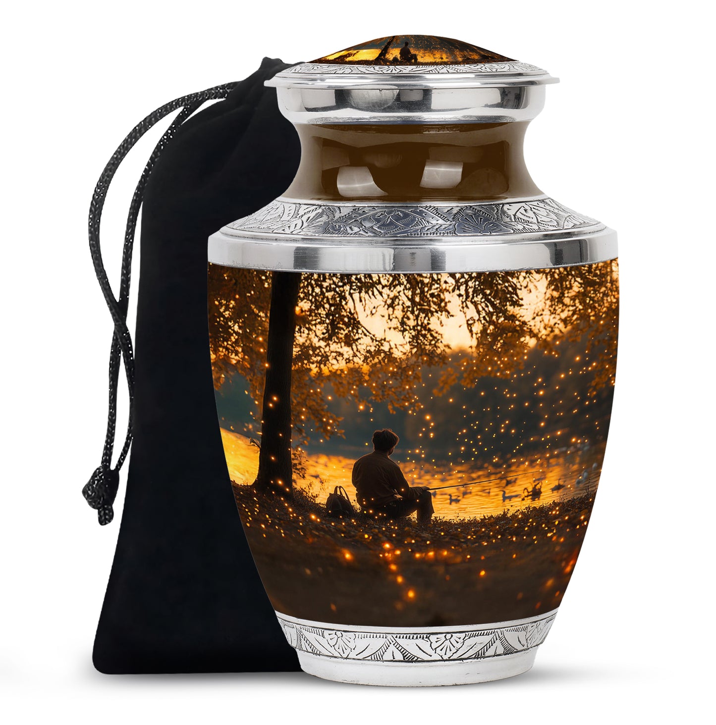 Matte Gold Fishing Cremation Urn side profile showing urn shape - stylized abstract fishing pattern with bold lines - full-size 10 inch 200 cubic inch adult cremation urn
