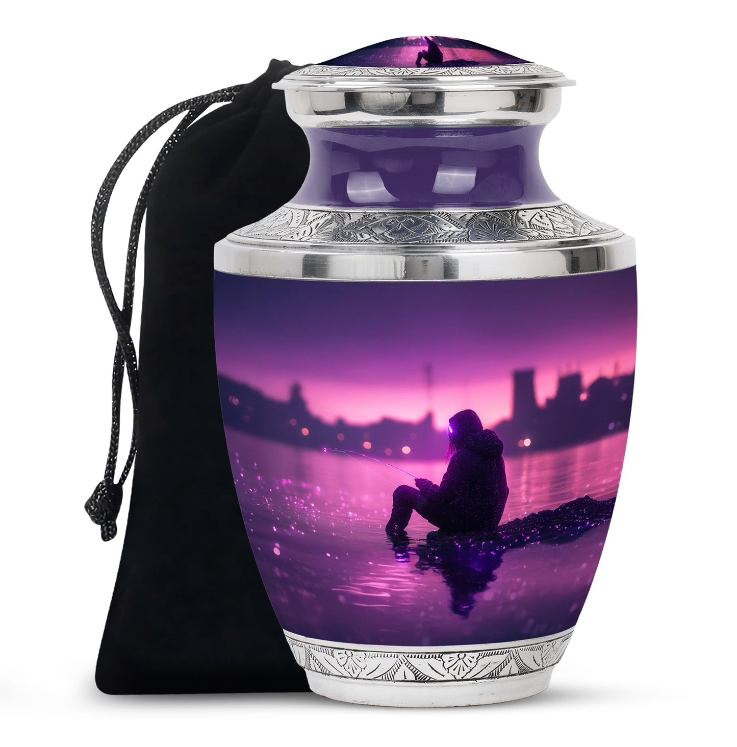 Orchid Purple Fishing Cremation Urn side profile showing urn shape - modern art-inspired fishing motif on sleek aluminum - full-size 10 inch 200 cubic inch adult cremation urn
