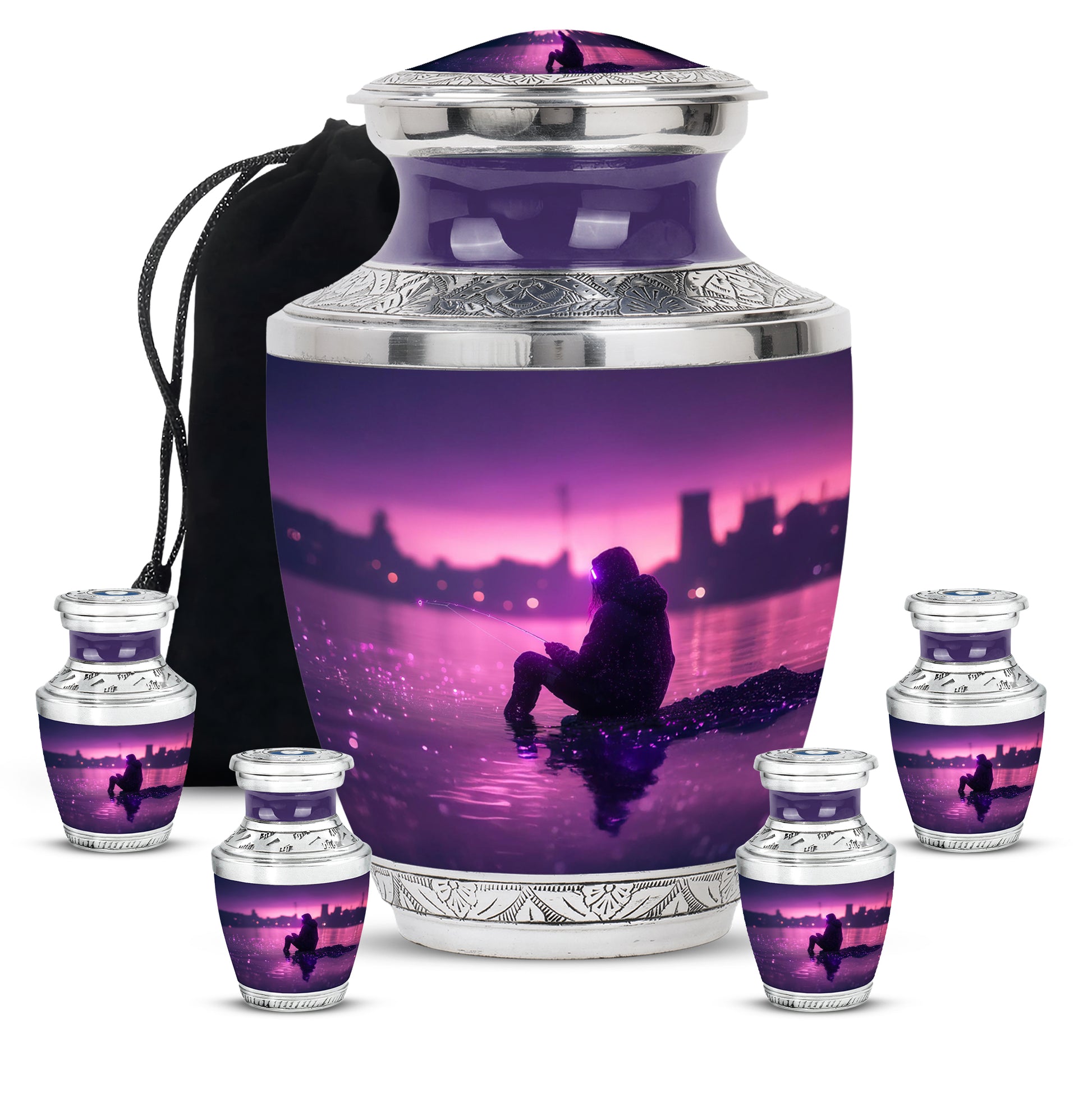 Majestic Purple Fishing Cremation Urn lifestyle display on memorial shelf - modern art-inspired fishing motif on sleek aluminum - memorial set with one large and four small urns