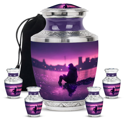 Majestic Purple Fishing Cremation Urn lifestyle display on memorial shelf - modern art-inspired fishing motif on sleek aluminum - memorial set with one large and four small urns