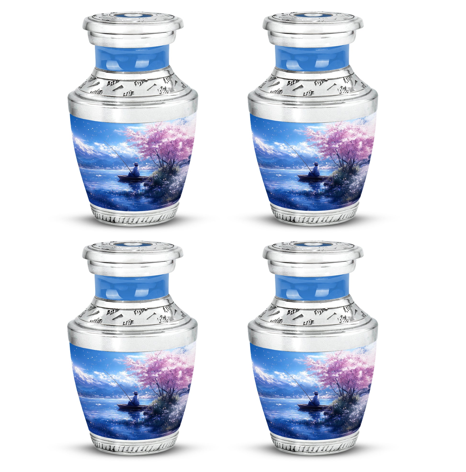 Bright Blue Fishing Cremation Urn back view with polished surface - artistic fishing interpretation with creative detail - 10 inch aluminum urn for cremated remains