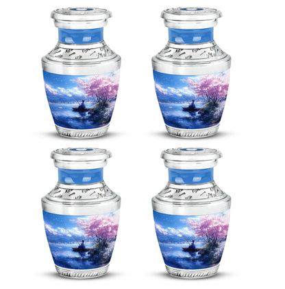 Bright Blue Fishing Cremation Urn back view with polished surface - artistic fishing interpretation with creative detail - 10 inch aluminum urn for cremated remains