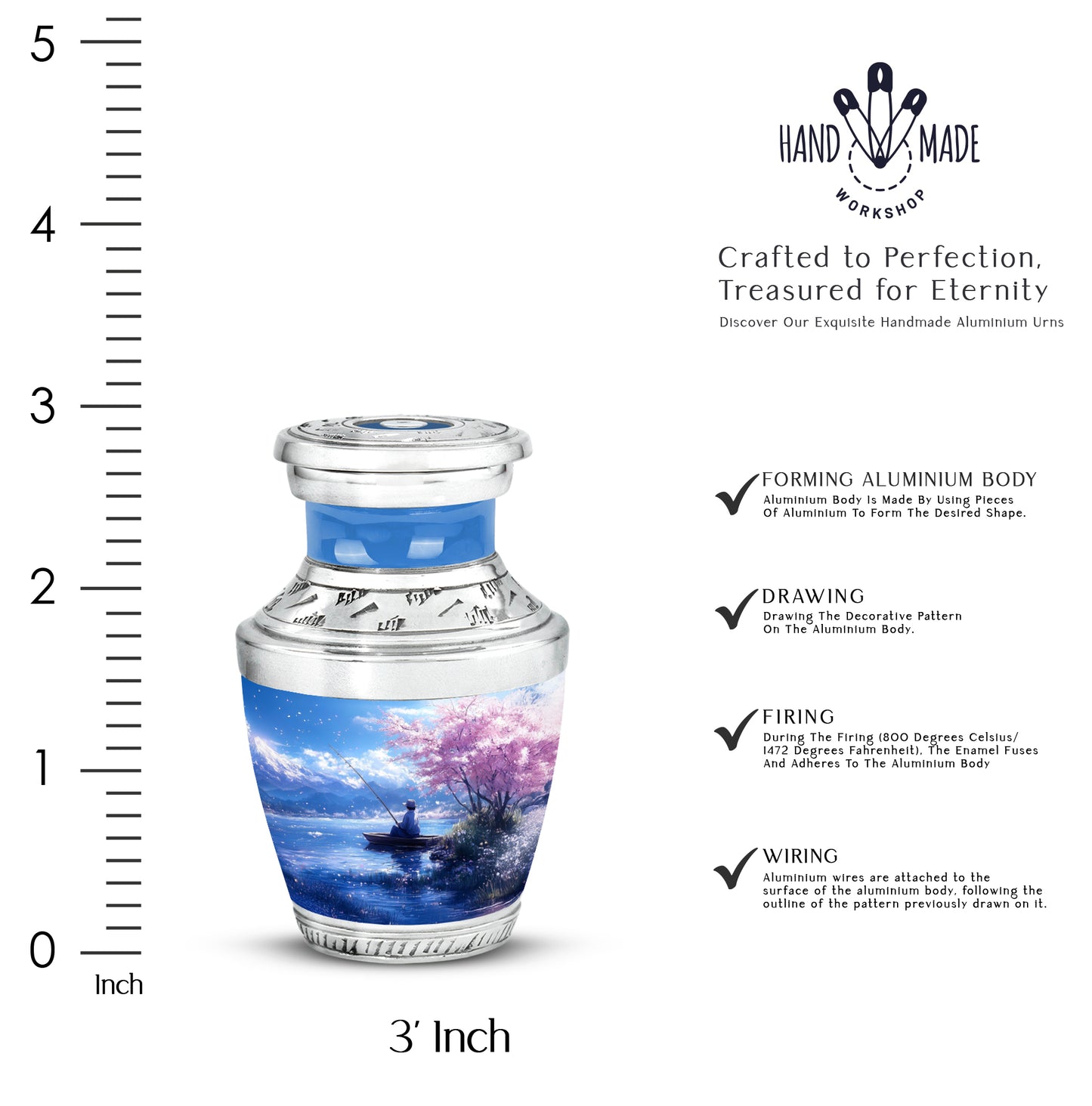 Calming Blue Fishing Cremation Urn top-down view of secure threaded lid - stylized abstract fishing pattern with bold lines - mini keepsake memorial for portion of cremation ashes