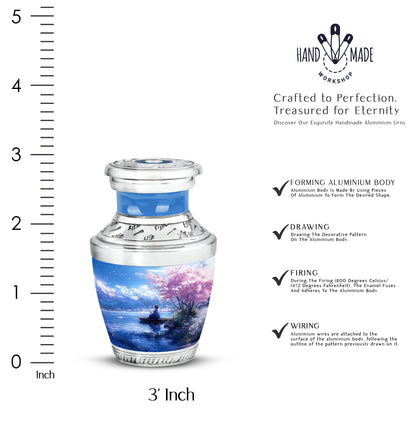 Calming Blue Fishing Cremation Urn top-down view of secure threaded lid - stylized abstract fishing pattern with bold lines - mini keepsake memorial for portion of cremation ashes