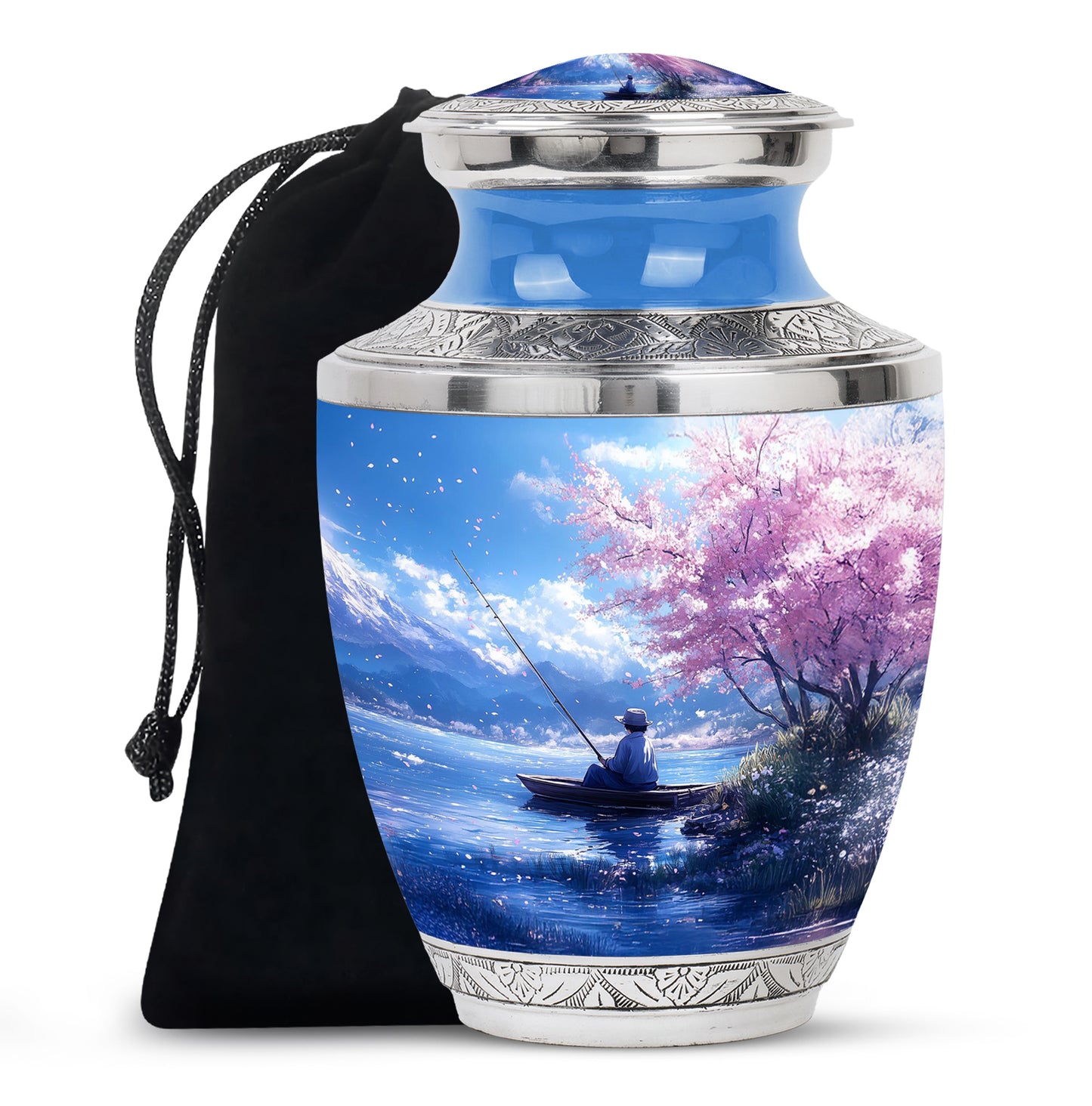 Steel Blue Fishing Cremation Urn side profile showing urn shape - artistic fishing interpretation with creative detail - full-size 10 inch 200 cubic inch adult cremation urn
