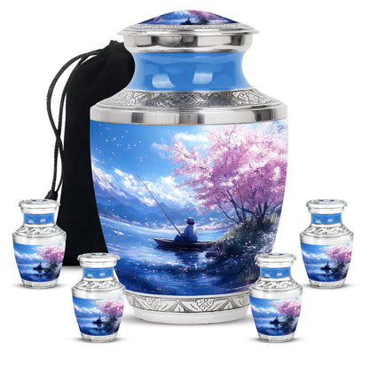Dusty Blue Fishing Cremation Urn lifestyle display on memorial shelf - modern art-inspired fishing motif on sleek aluminum - memorial set with one large and four small urns
