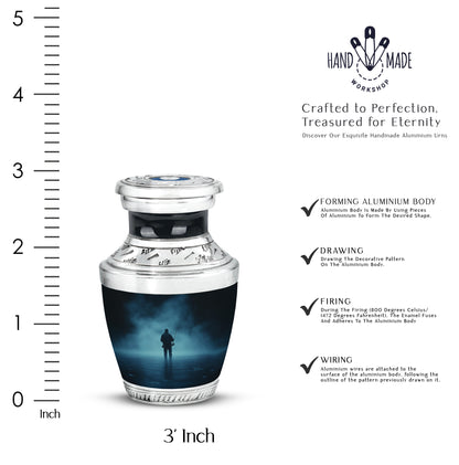 Powder Blue Fishing Cremation Urn top-down view of secure threaded lid - modern art-inspired fishing motif on sleek aluminum - mini keepsake memorial for portion of cremation ashes