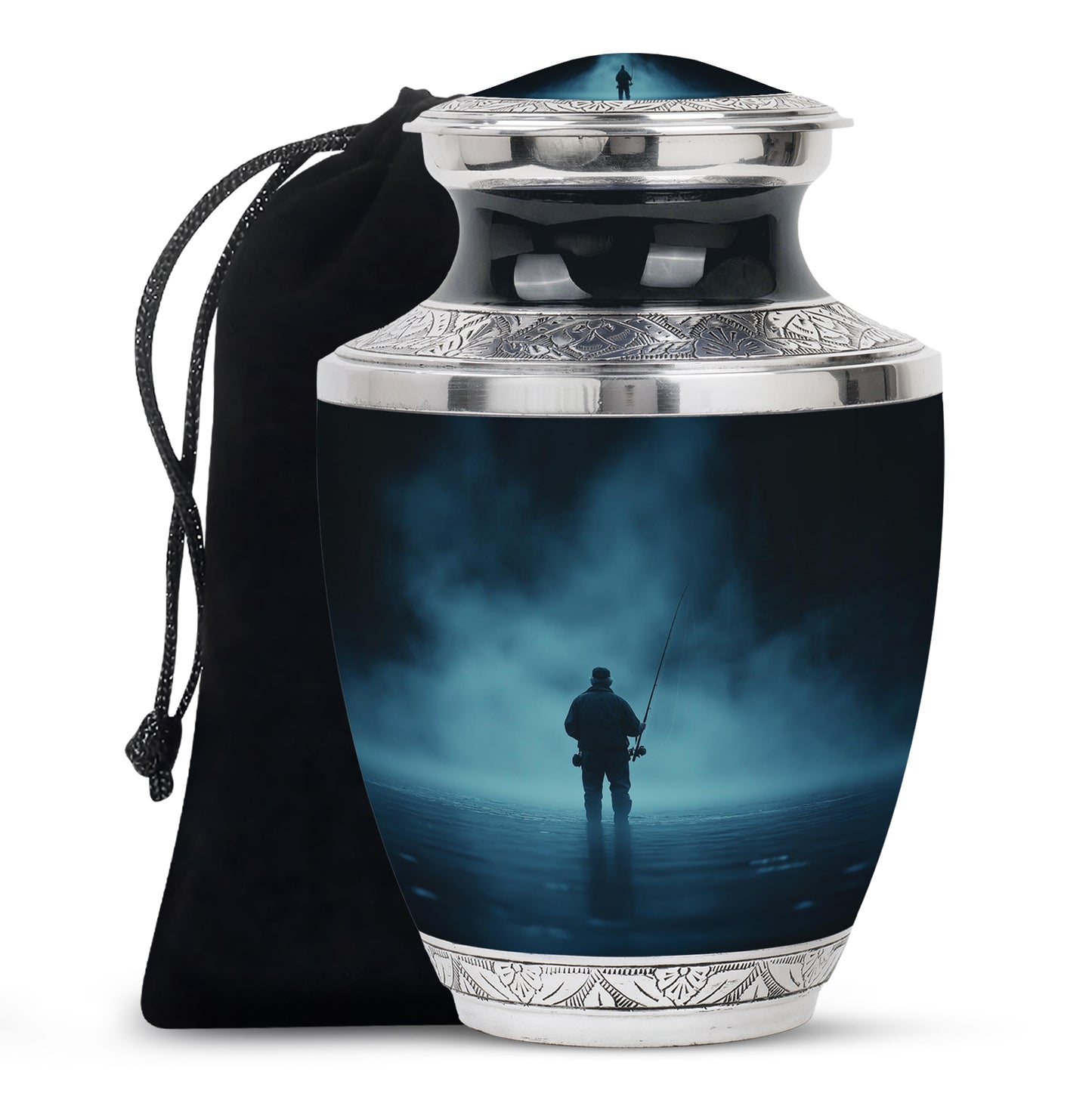 Misty Blue Fishing Cremation Urn side profile showing urn shape - modern art-inspired fishing motif on sleek aluminum - full-size 10 inch 200 cubic inch adult cremation urn