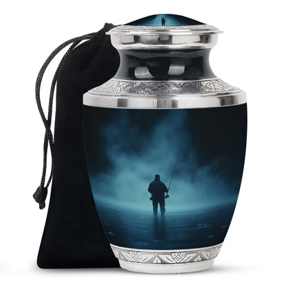 Misty Blue Fishing Cremation Urn side profile showing urn shape - modern art-inspired fishing motif on sleek aluminum - full-size 10 inch 200 cubic inch adult cremation urn