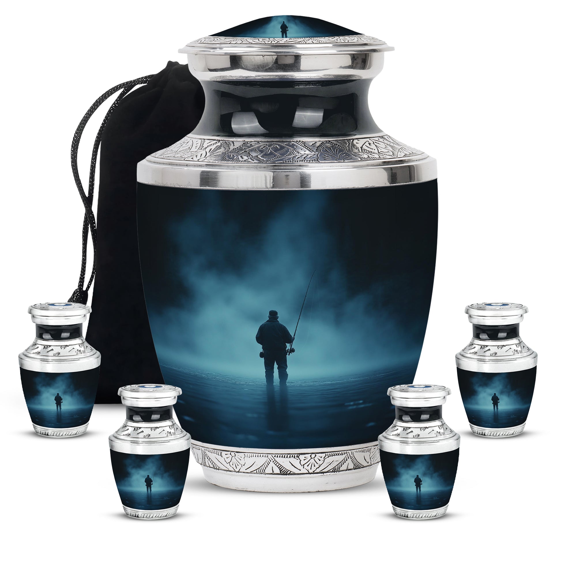 Misty Blue Fishing Cremation Urn lifestyle display on memorial shelf - contemporary fishing design with modern artistic flair - memorial set with one large and four small urns