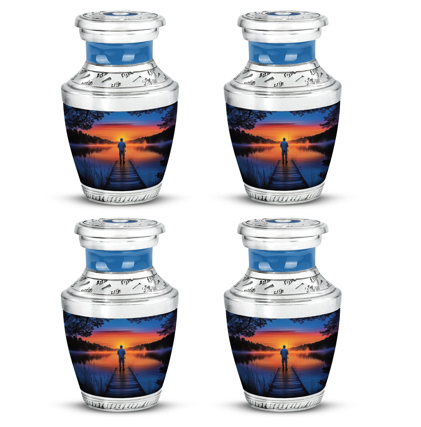 Icy Blue Fishing Cremation Urn back view with polished surface - contemporary fishing design with modern artistic flair - 10 inch aluminum urn for cremated remains