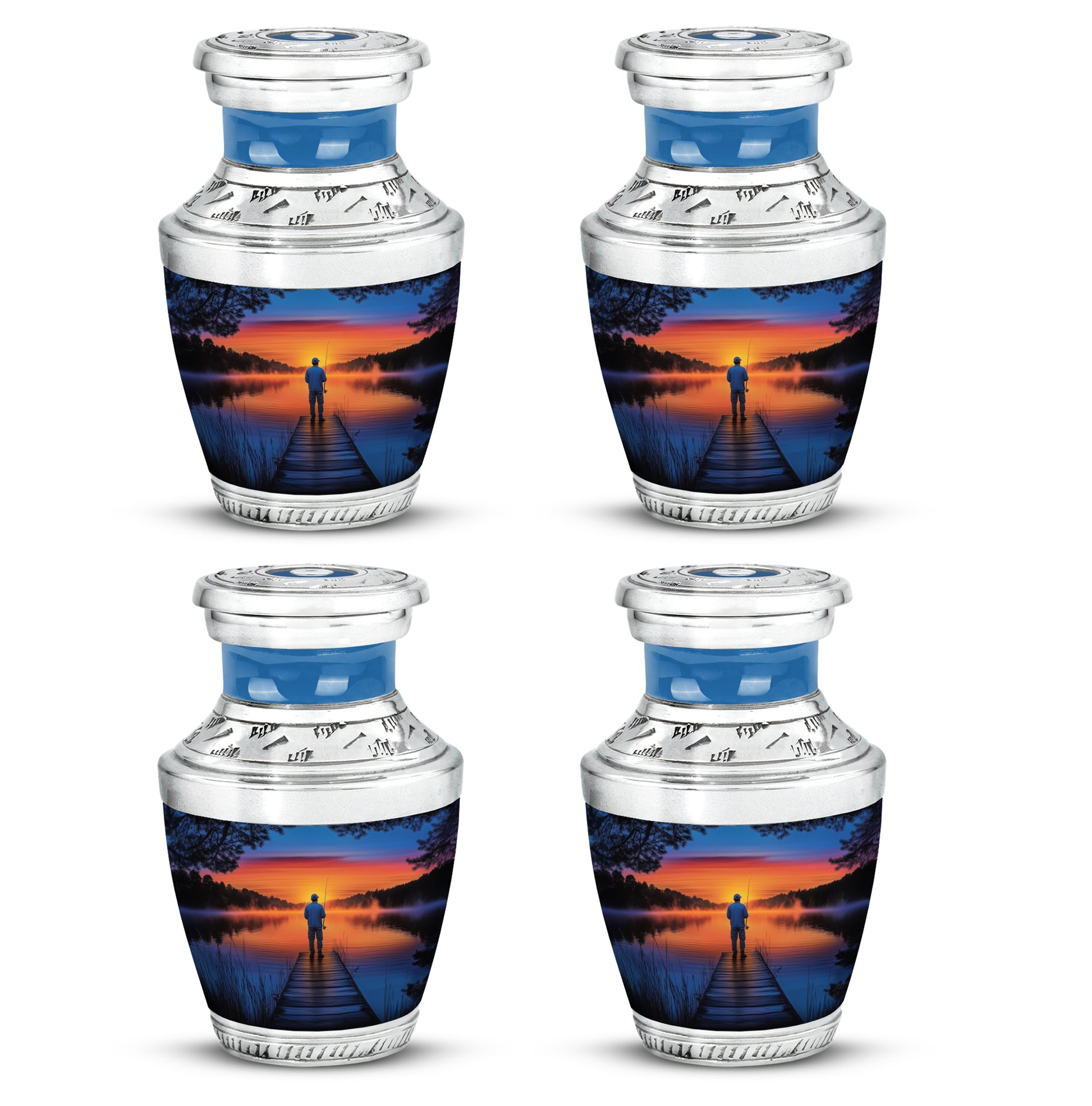 Icy Blue Fishing Cremation Urn back view with polished surface - contemporary fishing design with modern artistic flair - 10 inch aluminum urn for cremated remains