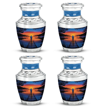 Icy Blue Fishing Cremation Urn back view with polished surface - contemporary fishing design with modern artistic flair - 10 inch aluminum urn for cremated remains