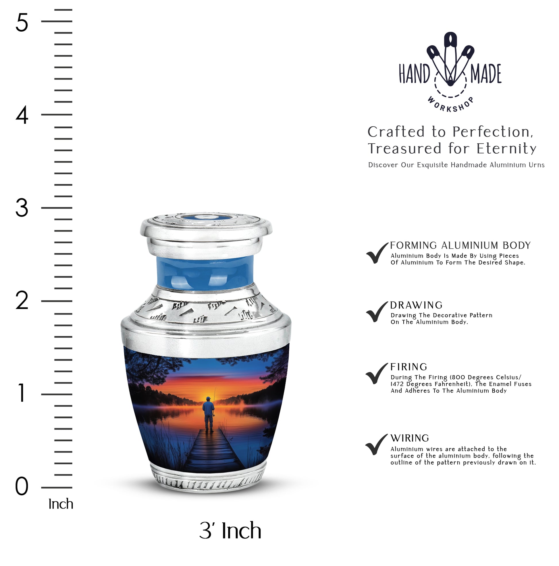 Navy Blue Fishing Cremation Urn top-down view of secure threaded lid - modern art-inspired fishing motif on sleek aluminum - mini keepsake memorial for portion of cremation ashes