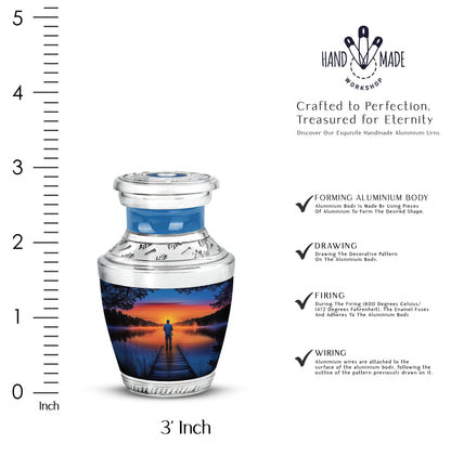 Navy Blue Fishing Cremation Urn top-down view of secure threaded lid - modern art-inspired fishing motif on sleek aluminum - mini keepsake memorial for portion of cremation ashes