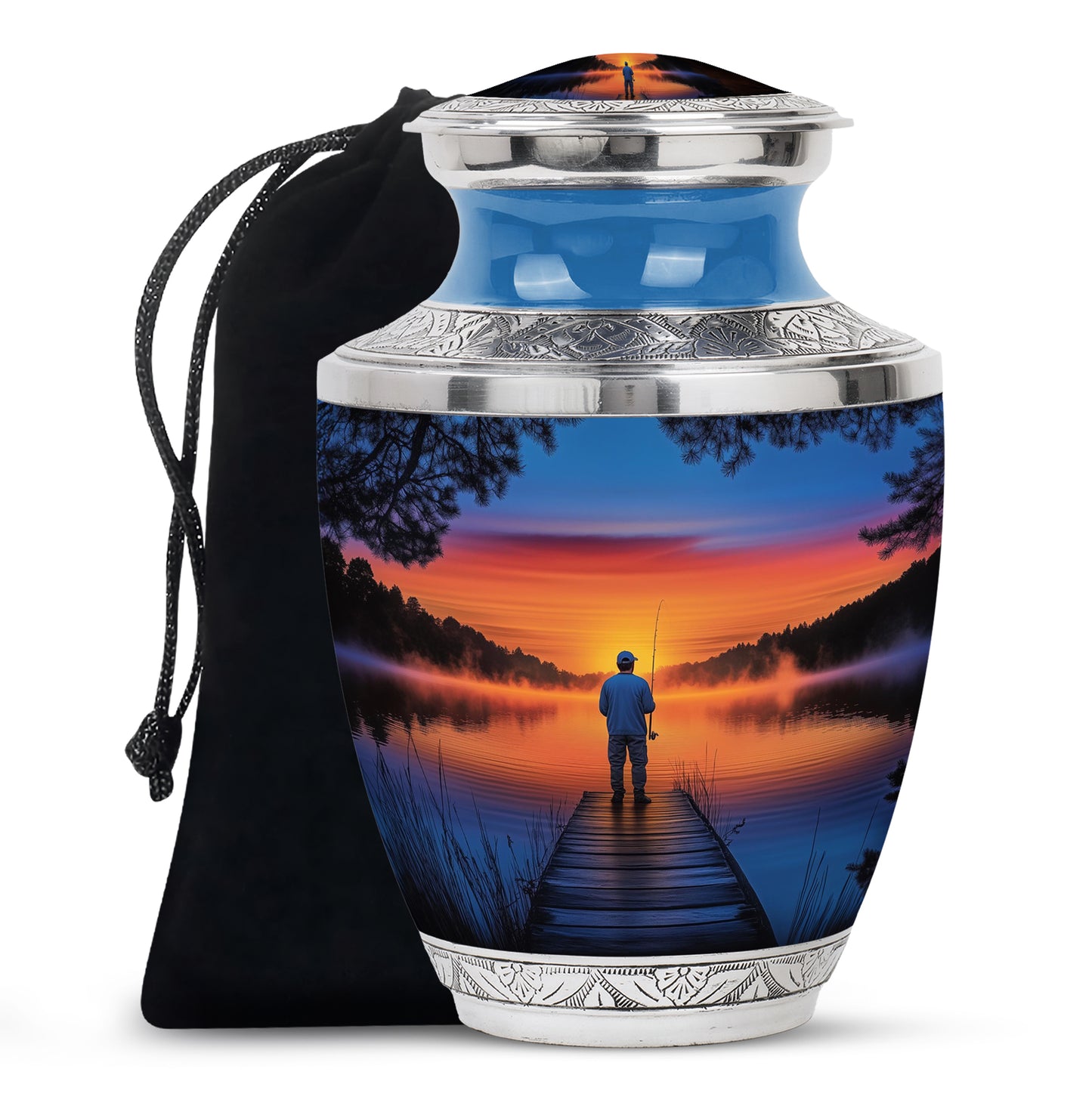 Cornflower Blue Fishing Cremation Urn side profile showing urn shape - artistic fishing interpretation with creative detail - full-size 10 inch 200 cubic inch adult cremation urn