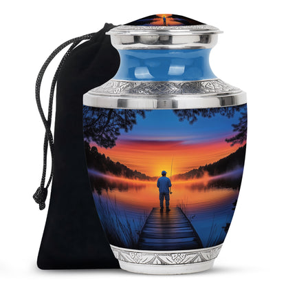 Cornflower Blue Fishing Cremation Urn side profile showing urn shape - artistic fishing interpretation with creative detail - full-size 10 inch 200 cubic inch adult cremation urn
