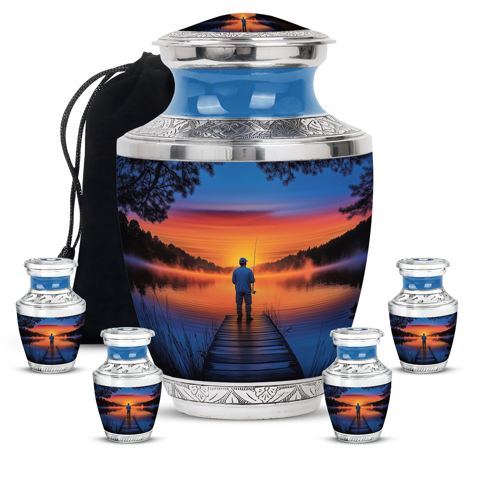 Icy Blue Fishing Cremation Urn lifestyle display on memorial shelf - contemporary fishing design with modern artistic flair - memorial set with one large and four small urns