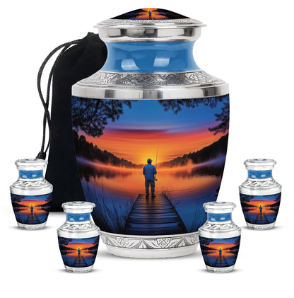 Icy Blue Fishing Cremation Urn lifestyle display on memorial shelf - contemporary fishing design with modern artistic flair - memorial set with one large and four small urns