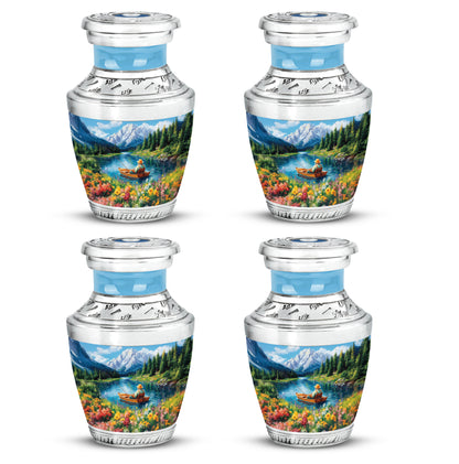 Calming Blue Fishing Cremation Urn back view with polished surface - stylized abstract fishing pattern with bold lines - 10 inch aluminum urn for cremated remains