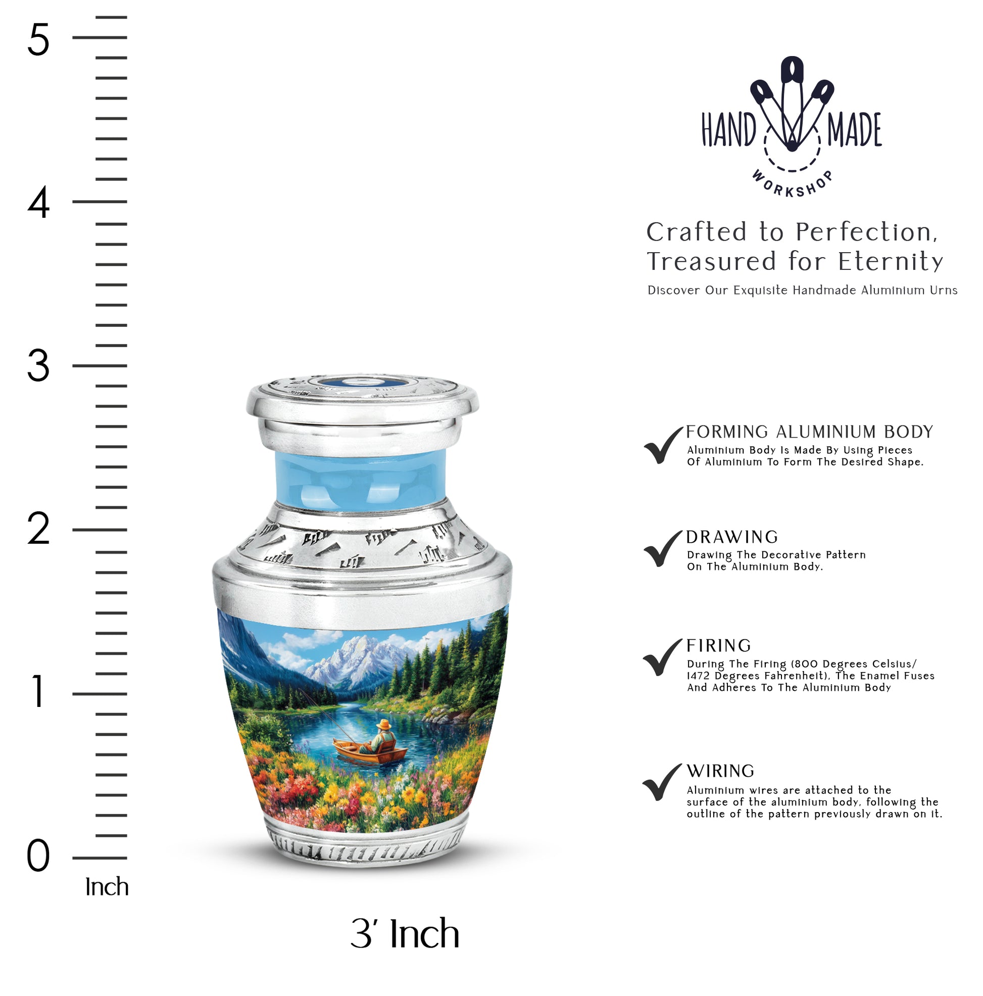 Misty Blue Fishing Cremation Urn top-down view of secure threaded lid - contemporary fishing design with modern artistic flair - mini keepsake memorial for portion of cremation ashes